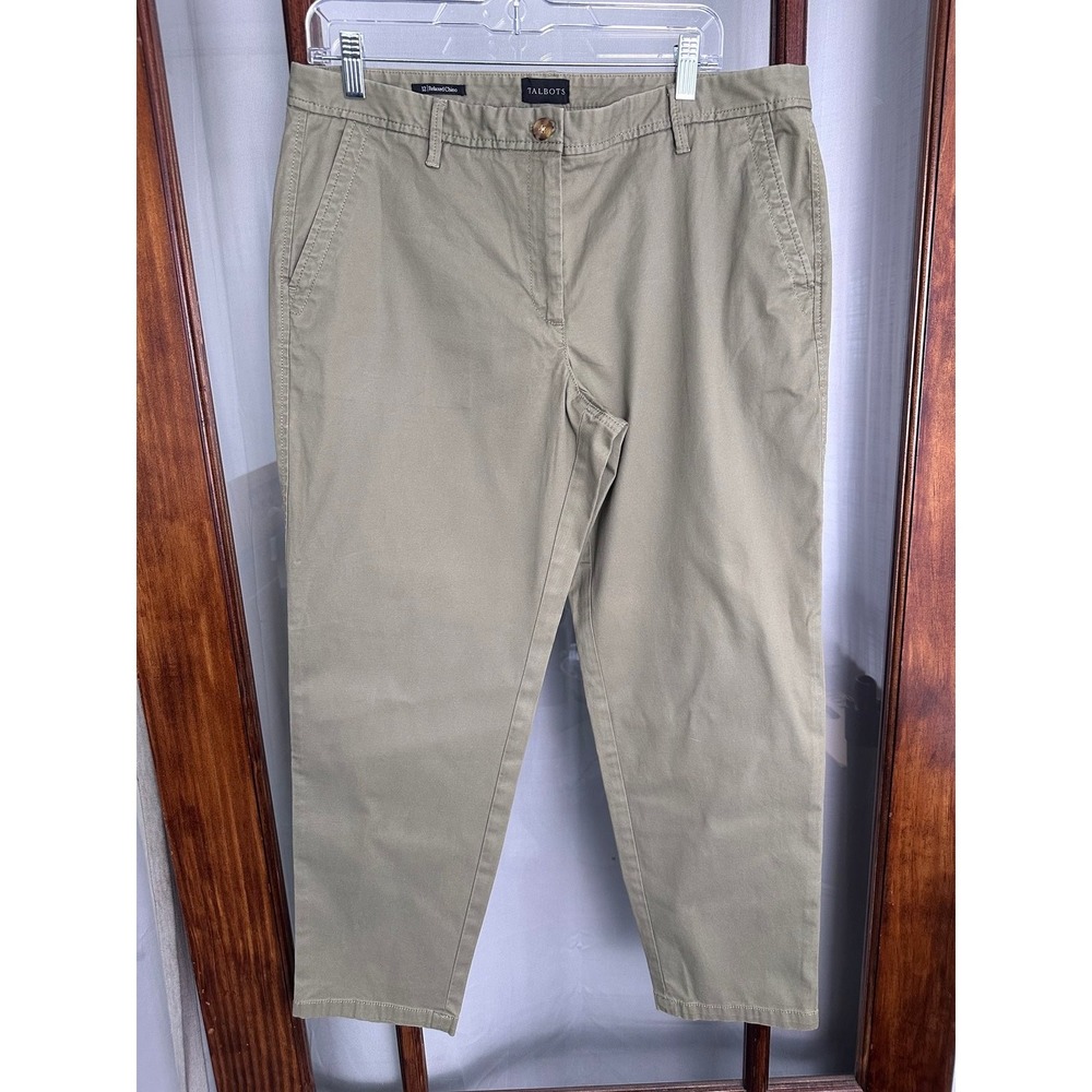 Talbots Relaxed Chino Cotton Blend Pants Women's 12 Olive Green Khaki Pockets